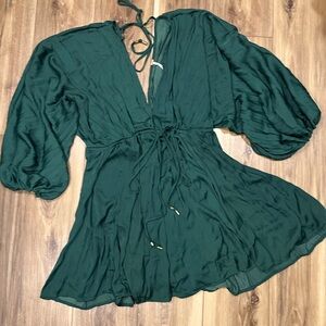 Free People Arzel Emerald Long Sleeve pleated Open Back Mini Dress